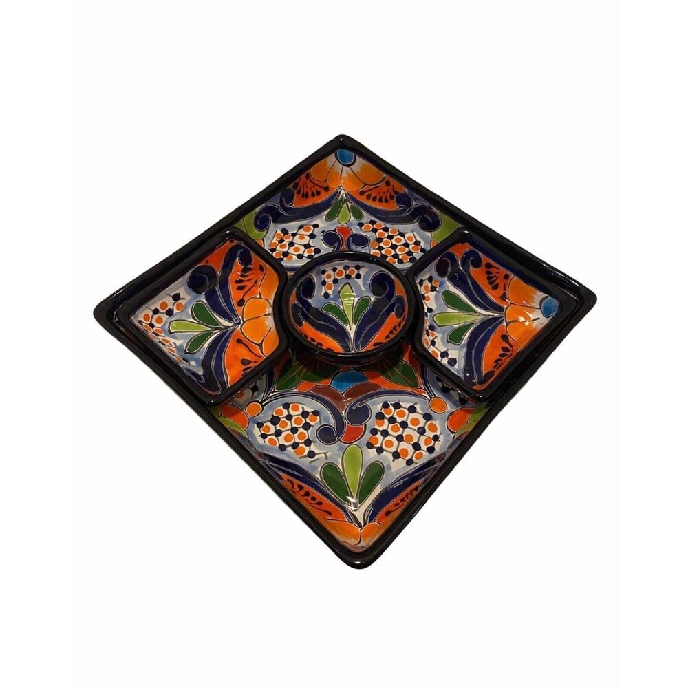 Vintage Talavera Large Hand Painted Serving Plate and 2 Small Corner Dishes Blue